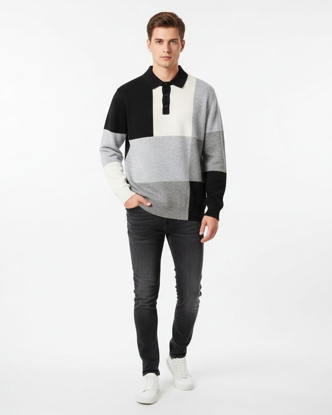 Polo con bottoni con figure geometriche in vari colori 100% lana