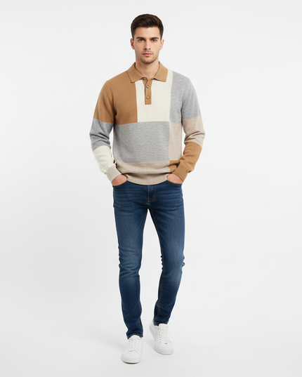 Polo con bottoni con figure geometriche in vari colori 100% lana