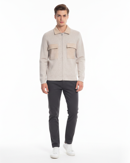 Giacca collo camicia con zip e tasconi frontali 100% lana masq