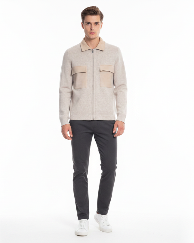 Giacca collo camicia con zip e tasconi frontali 100% lana masq